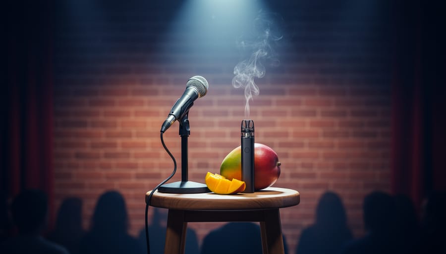 Eye-level view of a comedy club stage with a mic stand and unbranded vape device beside sliced mango on a wooden stool under warm spotlight, faint vapor rising, blurred brick wall and audience in the background.