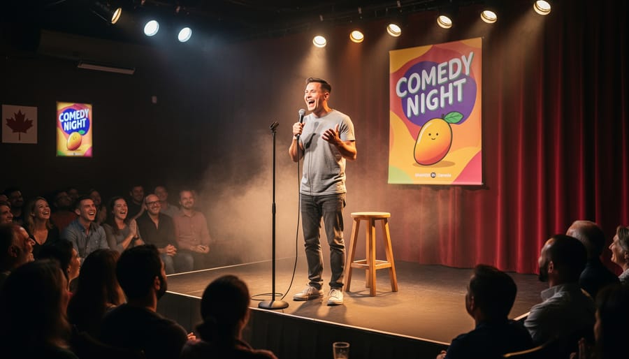 Comedy club stage with microphone and vape device under spotlight