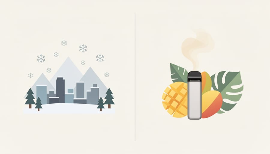 Fresh mango slice and vape device with snow falling in background