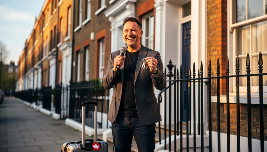 Canadian comedian holding a microphone and house keys next to a suitcase with a maple leaf tag, standing at golden hour in front of a London Victorian terraced house, with softly blurred row houses and iron railings in the background.
