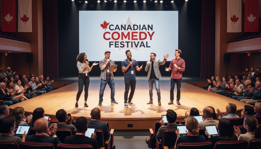 Comedy festival venue with performers on stage and audience watching outdoor performance