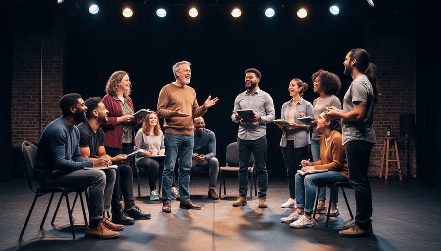 Group of five comedians performing together on stage in a collaborative comedy troupe setting