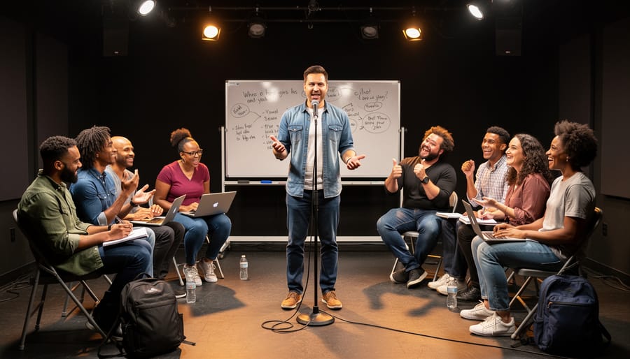 Comedy troupe members collaborating during rehearsal in casual creative workspace