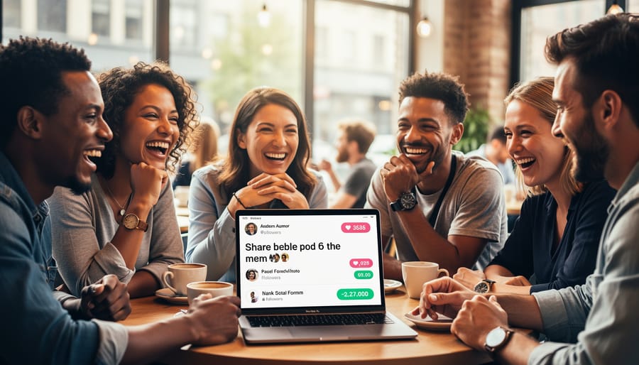 Candid outdoor meetup with a group laughing together in warm golden-hour light.