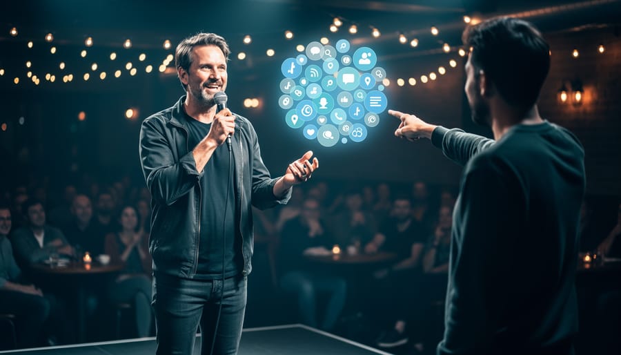 “A comedian holding a microphone onstage while a glowing cluster of community icons suggests finding similar Reddit subreddits for comedy audience growth.”