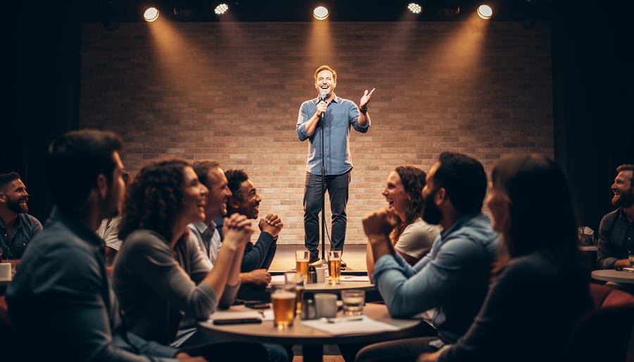 A stand-up comedian holding a microphone under warm stage lights in a dim comedy club.